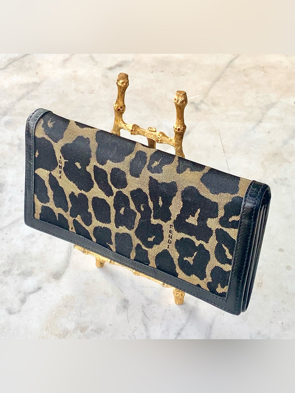 FENDI LEOPARD CANVAS BLACK LEATHER TRIFOLD CONTINENTAL WALLET CHECKBOOK VINTAGE